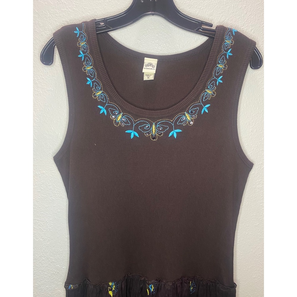 Sangria Tiered Midi Dress Women's 14 Brown Turquoise Embroidered Lagenlook  Boho - Picture 3 of 10